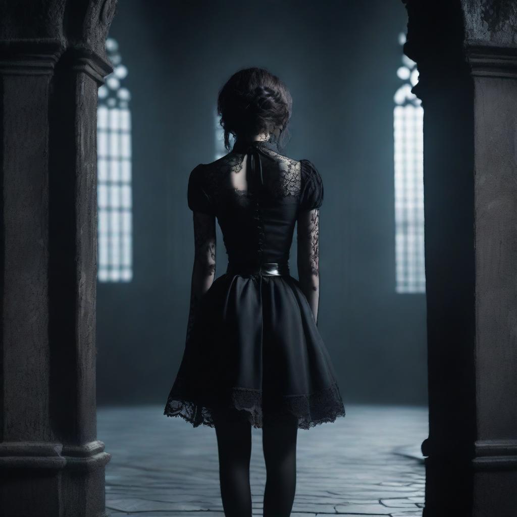 A gothic woman wearing a short black skirt, viewed from behind