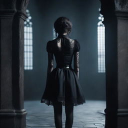 A gothic woman wearing a short black skirt, viewed from behind