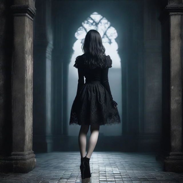 A gothic woman wearing a short black skirt, viewed from behind