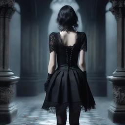 A gothic woman wearing a short black skirt, viewed from behind