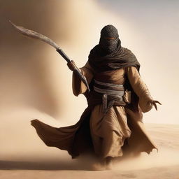 A Bedouin wizard dual wielding scimitars in the midst of a fierce sandstorm