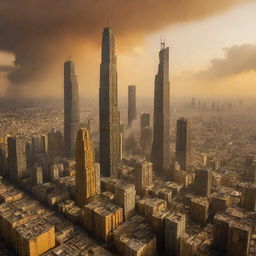 A sprawling Venuspunk city, with sulfur-tinted skyscrapers, structures shielded to withstand heavy atmospheric pressure, bright yellow and orange sky, amidst a thickly clouded, acidic atmosphere