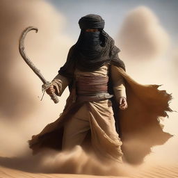 A Bedouin wizard dual wielding scimitars in the midst of a fierce sandstorm