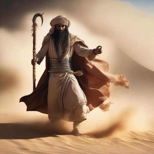 A Bedouin wizard dual wielding scimitars in the midst of a fierce sandstorm