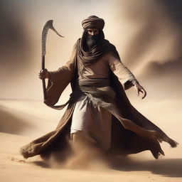 A Bedouin wizard dual wielding scimitars in the midst of a fierce sandstorm