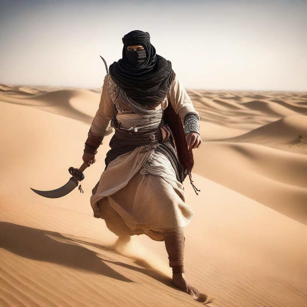 A Bedouin warrior dressed in traditional desert attire, dual wielding scimitars