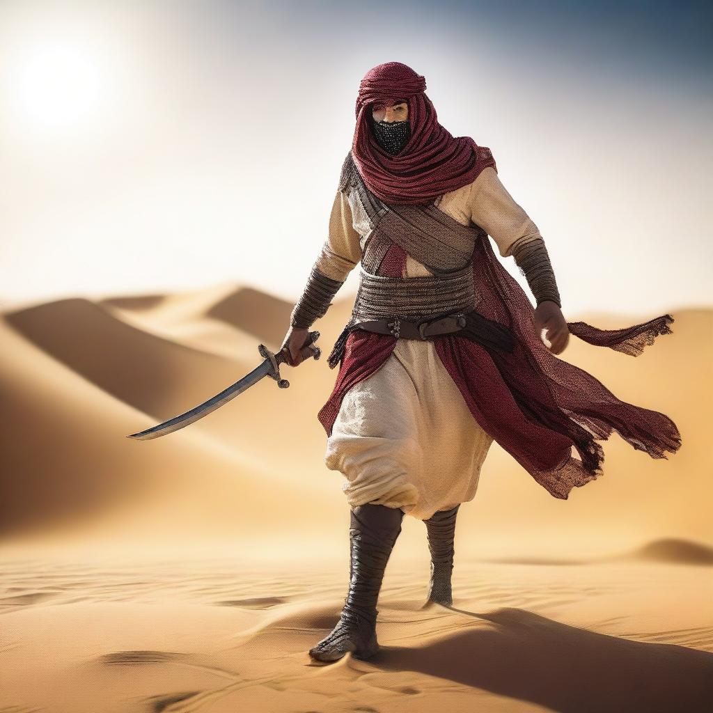 A Bedouin warrior dressed in traditional desert attire, dual wielding scimitars