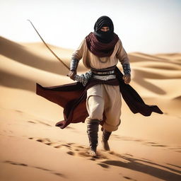 A Bedouin warrior dressed in traditional desert attire, dual wielding scimitars