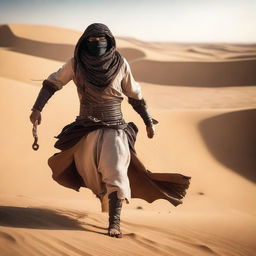 A Bedouin warrior dressed in traditional desert attire, dual wielding scimitars