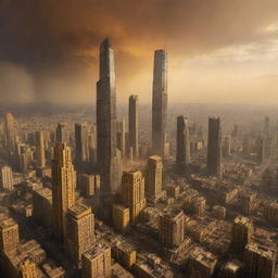 A sprawling Venuspunk city, with sulfur-tinted skyscrapers, structures shielded to withstand heavy atmospheric pressure, bright yellow and orange sky, amidst a thickly clouded, acidic atmosphere