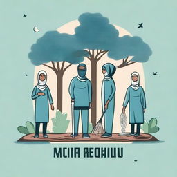 A dusty blue t-shirt design featuring an image of Muslim communities working together to clean the environment