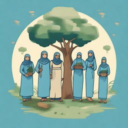 A dusty blue t-shirt design featuring an image of Muslim communities working together to clean the environment