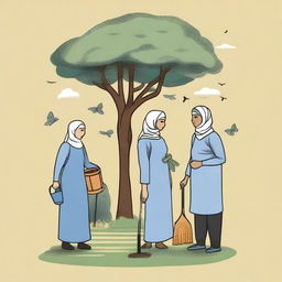 A dusty blue t-shirt design featuring an image of Muslim communities working together to clean the environment