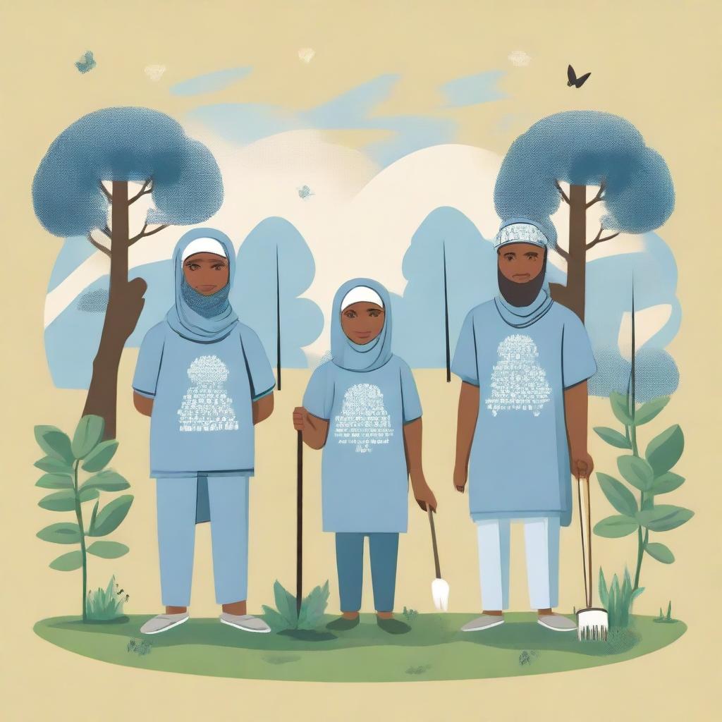 A dusty blue t-shirt design featuring an image of Muslim communities working together to clean the environment