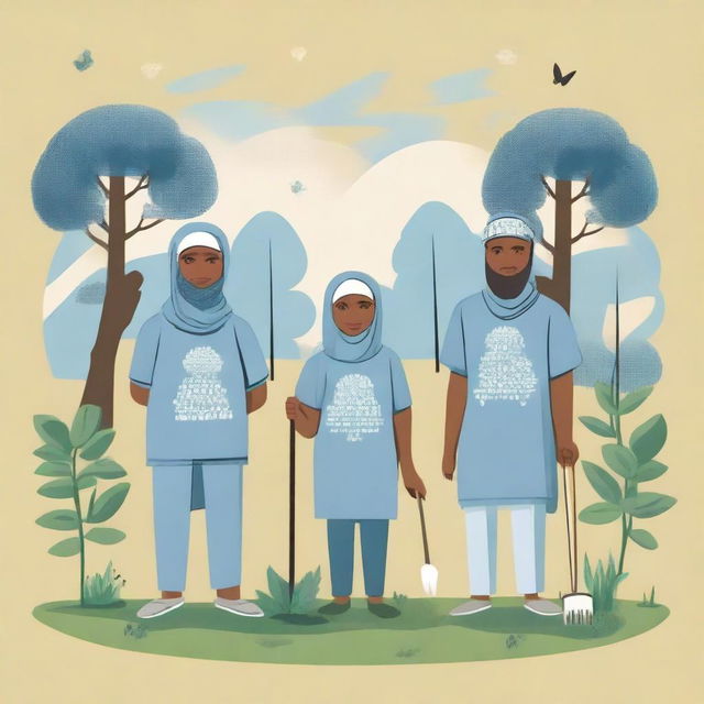 A dusty blue t-shirt design featuring an image of Muslim communities working together to clean the environment