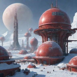 A futuristic Marspunk city, with red-iron dusted structures, dome-shaped buildings for atmospheric regulation, polar ice-cap inspired designs, and elements of terraformation