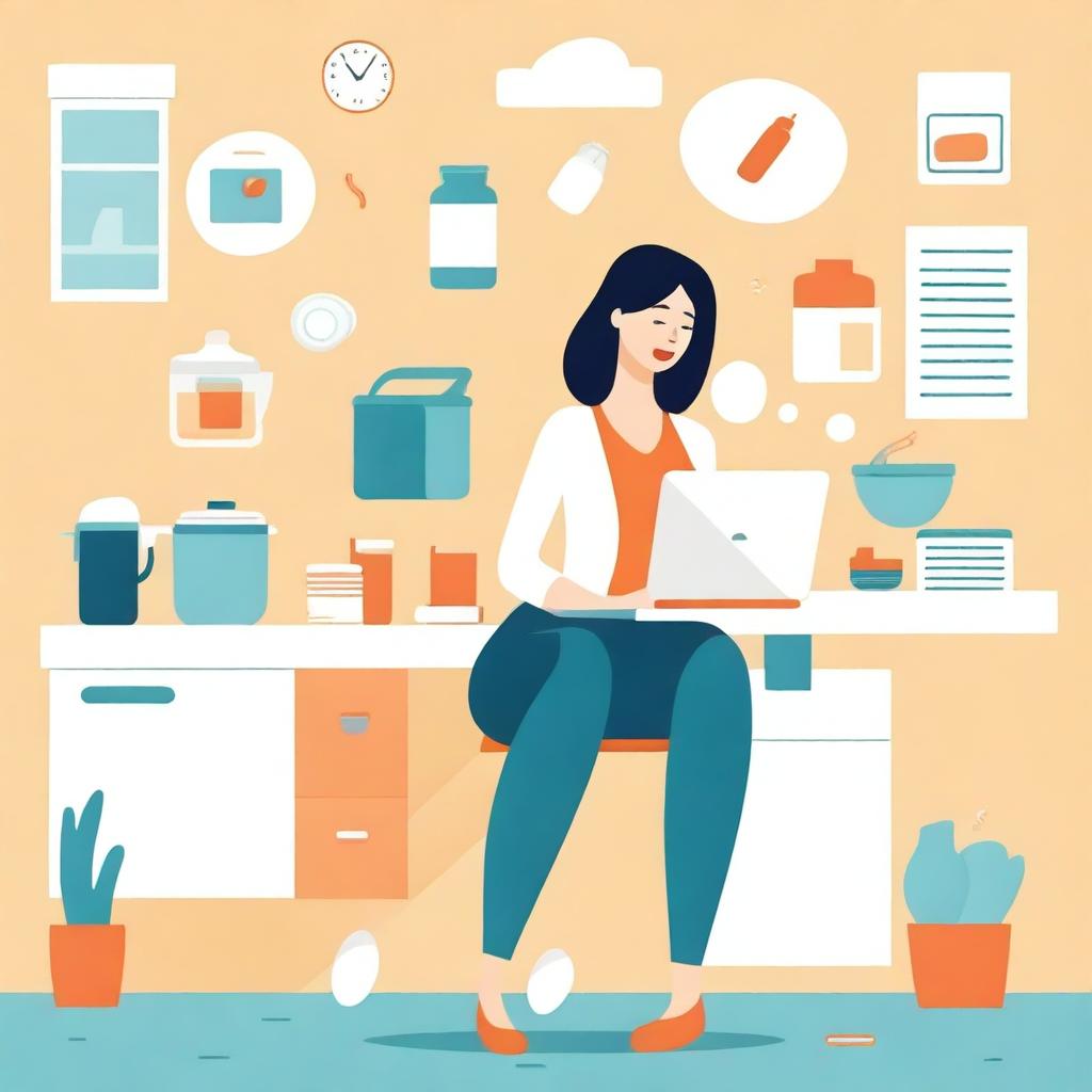 An illustration of a mom juggling various tasks, such as cooking, cleaning, working on a laptop, and taking care of a child