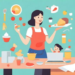 An illustration of a mom juggling various tasks, such as cooking, cleaning, working on a laptop, and taking care of a child