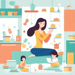 An illustration of a mom juggling various tasks, such as cooking, cleaning, working on a laptop, and taking care of a child