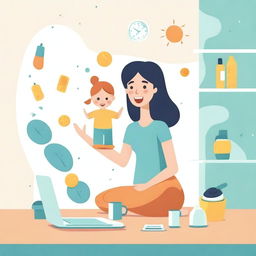 An illustration of a mom juggling various tasks, such as cooking, cleaning, working on a laptop, and taking care of a child