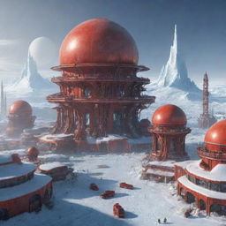 A futuristic Marspunk city, with red-iron dusted structures, dome-shaped buildings for atmospheric regulation, polar ice-cap inspired designs, and elements of terraformation