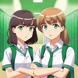 A girl and a boy, both 12 years old, wearing school uniforms and having green eyes, are giving each other a death stare