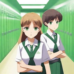 A girl and a boy, both 12 years old, wearing school uniforms and having green eyes, are giving each other a death stare