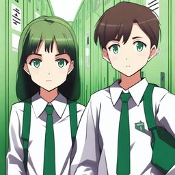 A girl and a boy, both 12 years old, wearing school uniforms and having green eyes, are giving each other a death stare