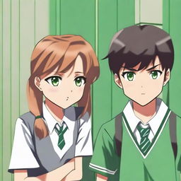 A girl and a boy, both 12 years old, wearing school uniforms and having green eyes, are giving each other a death stare