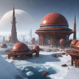 A futuristic Marspunk city, with red-iron dusted structures, dome-shaped buildings for atmospheric regulation, polar ice-cap inspired designs, and elements of terraformation