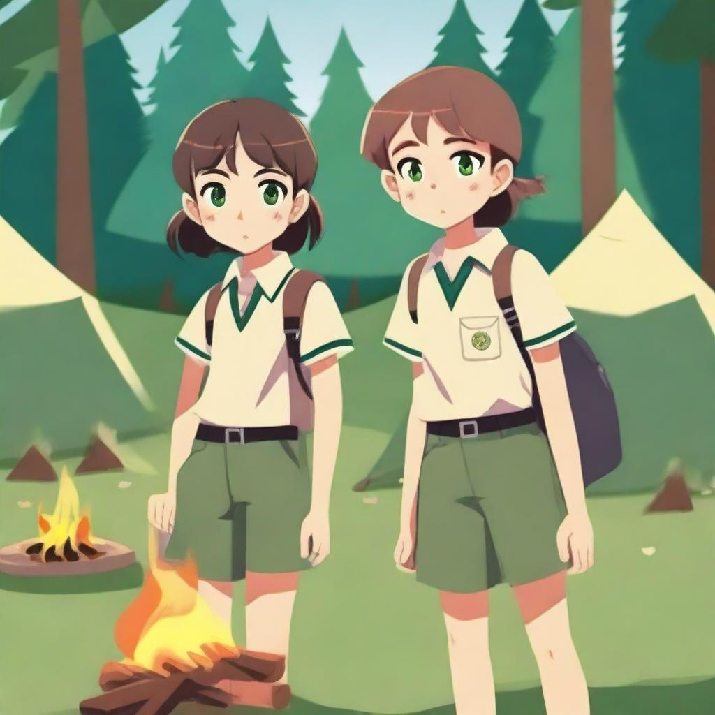 A boy and a girl in summer camp, wearing summer uniforms and having green eyes, are giving each other a death stare