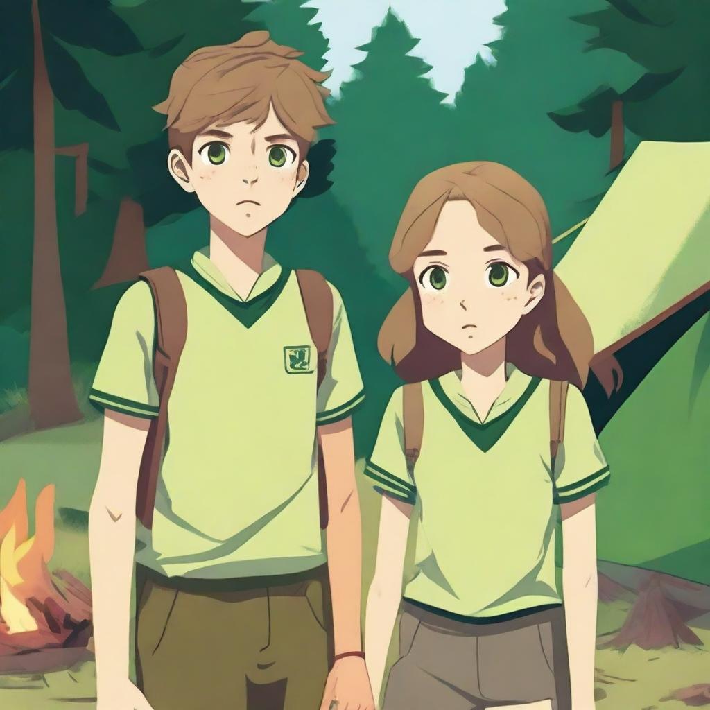 A boy and a girl in summer camp, wearing summer uniforms and having green eyes, are giving each other a death stare