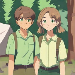 A boy and a girl in summer camp, wearing summer uniforms and having green eyes, are giving each other a death stare