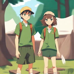 A boy and a girl in summer camp, wearing summer uniforms and having green eyes, are giving each other a death stare