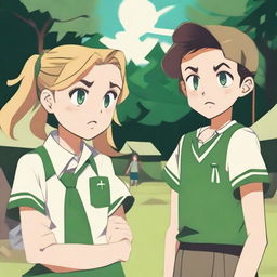 A boy and a girl in summer camp, wearing summer uniforms and having green eyes, are giving each other a death stare