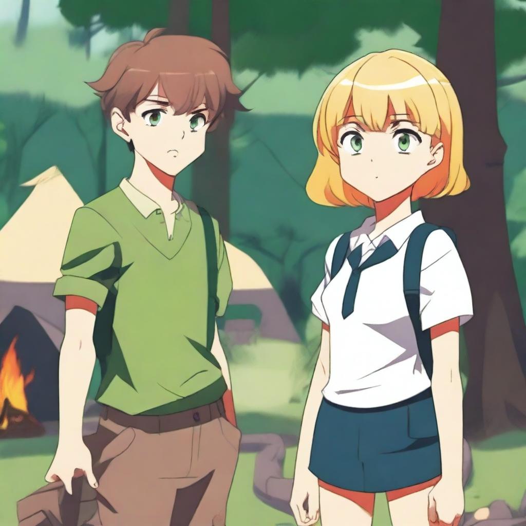 A boy and a girl in summer camp, wearing summer uniforms and having green eyes, are giving each other a death stare