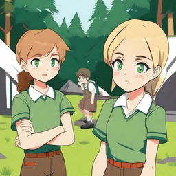 A boy and a girl in summer camp, wearing summer uniforms and having green eyes, are giving each other a death stare