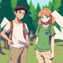 A boy and a girl in summer camp, wearing summer uniforms and having green eyes, are giving each other a death stare