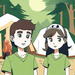 A boy and a girl in summer camp, wearing summer uniforms and having green eyes, are giving each other a death stare