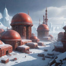 A futuristic Marspunk city, with red-iron dusted structures, dome-shaped buildings for atmospheric regulation, polar ice-cap inspired designs, and elements of terraformation