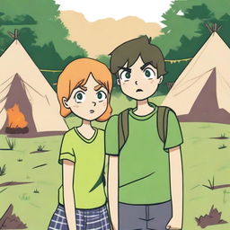 A boy and a girl in summer camp, wearing summer uniforms and having green eyes, are giving each other a death stare