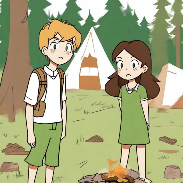 A boy and a girl in summer camp, wearing summer uniforms and having green eyes, are giving each other a death stare