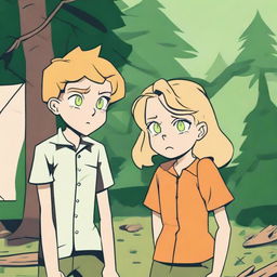 A boy and a girl in summer camp, wearing summer uniforms and having green eyes, are giving each other a death stare