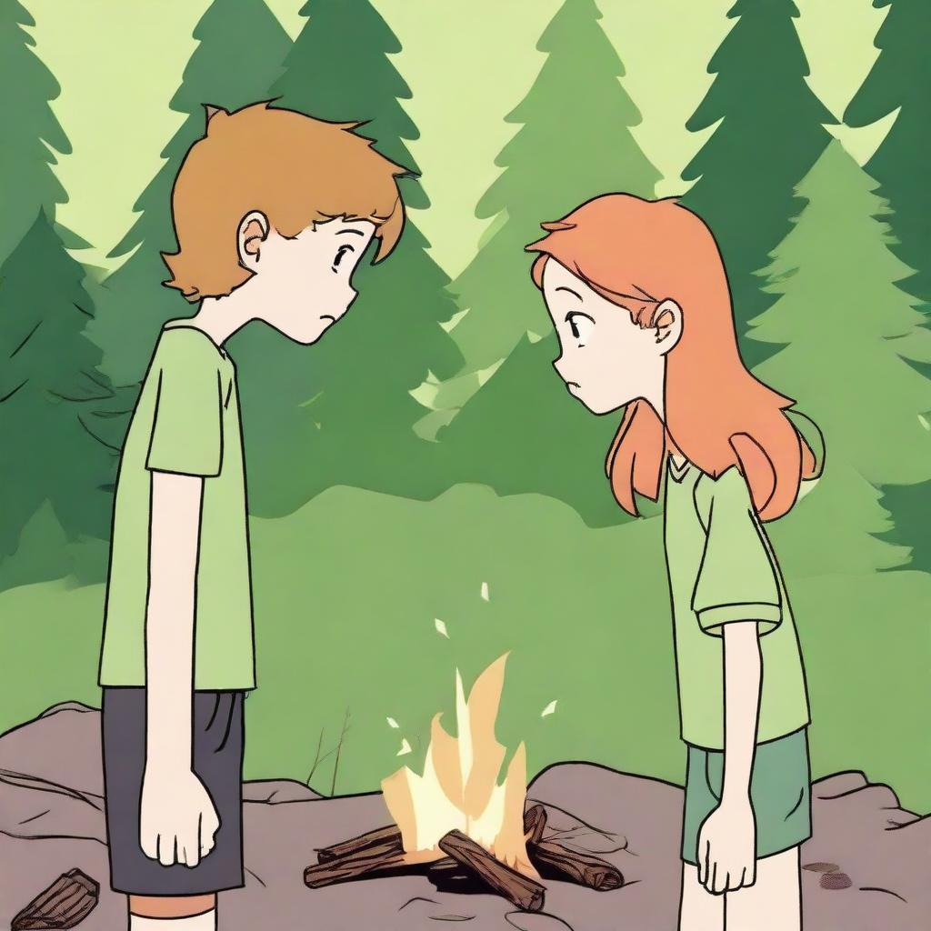 A boy and a girl in summer camp, wearing summer uniforms and having green eyes, are looking at each other with a death stare