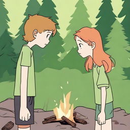 A boy and a girl in summer camp, wearing summer uniforms and having green eyes, are looking at each other with a death stare