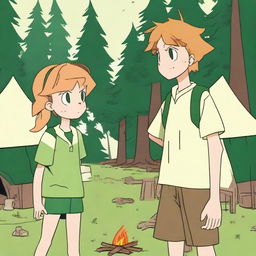 A boy and a girl in summer camp, wearing summer uniforms and having green eyes, are looking at each other with a death stare