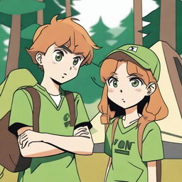 A boy and a girl in summer camp, wearing summer uniforms and having green eyes, are looking at each other with a death stare