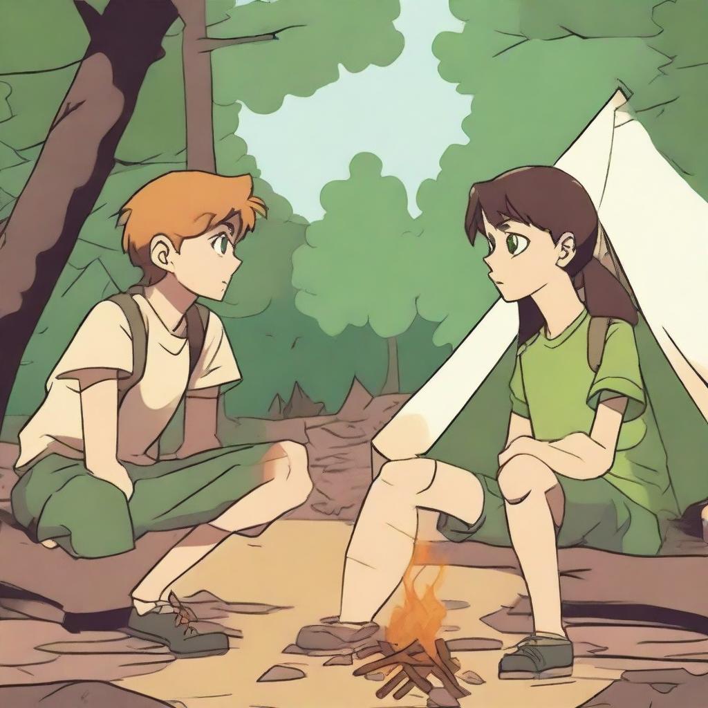 A boy and a girl in summer camp, wearing summer uniforms and having green eyes, are looking at each other with a death stare