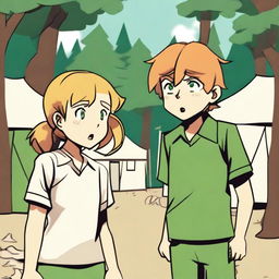 A boy and a girl in summer camp, wearing summer uniforms and having green eyes, are looking at each other with anger