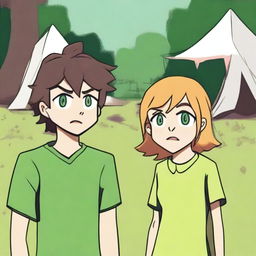 A boy and a girl in summer camp, wearing summer uniforms and having green eyes, are looking at each other with anger